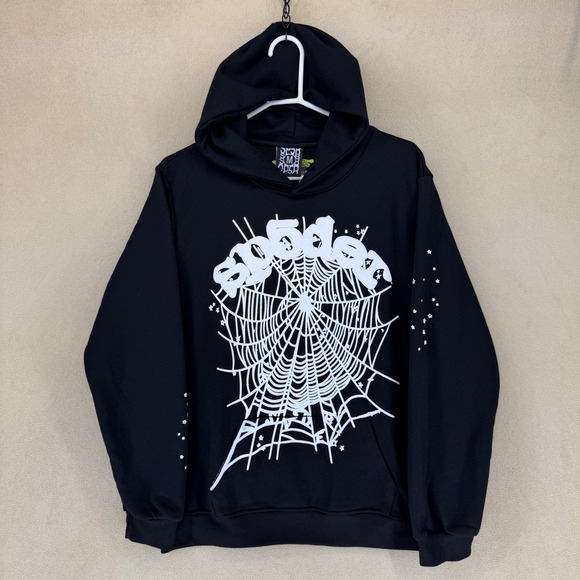 SP5DER Worldwide Black Spider Web Hoodie Mens Size M NWT